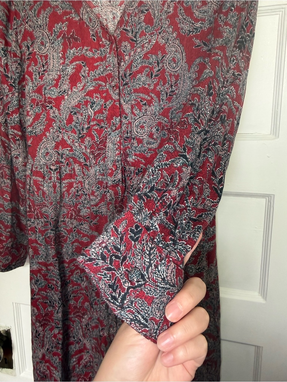 Lucky Brand Red & Grey Paisley Boho-Chic V-Neck Long-Sleeve Maxi Dress 70’s L - Picture 12 of 16